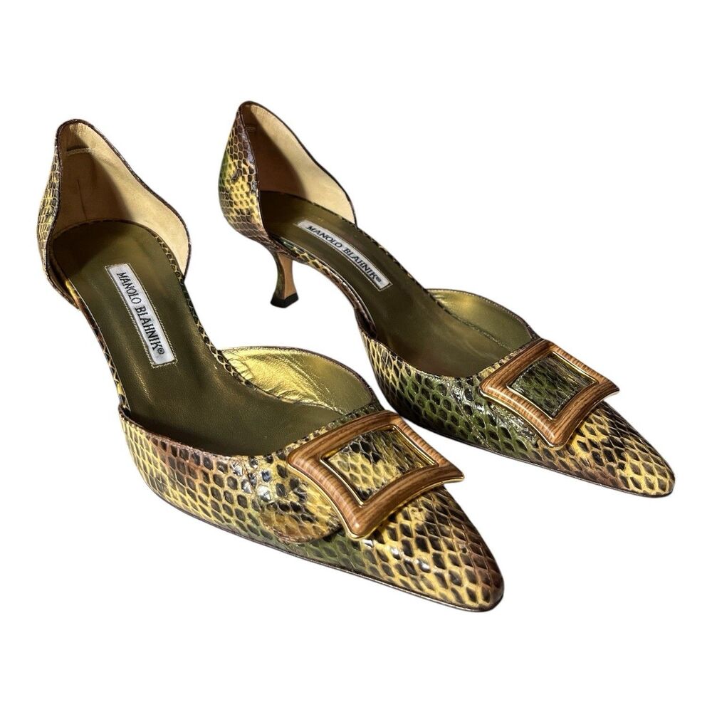 Manolo Blahnik Green Yellow Python D'Orsay Kitten Heel Buckle Italy Size 9.5 REA